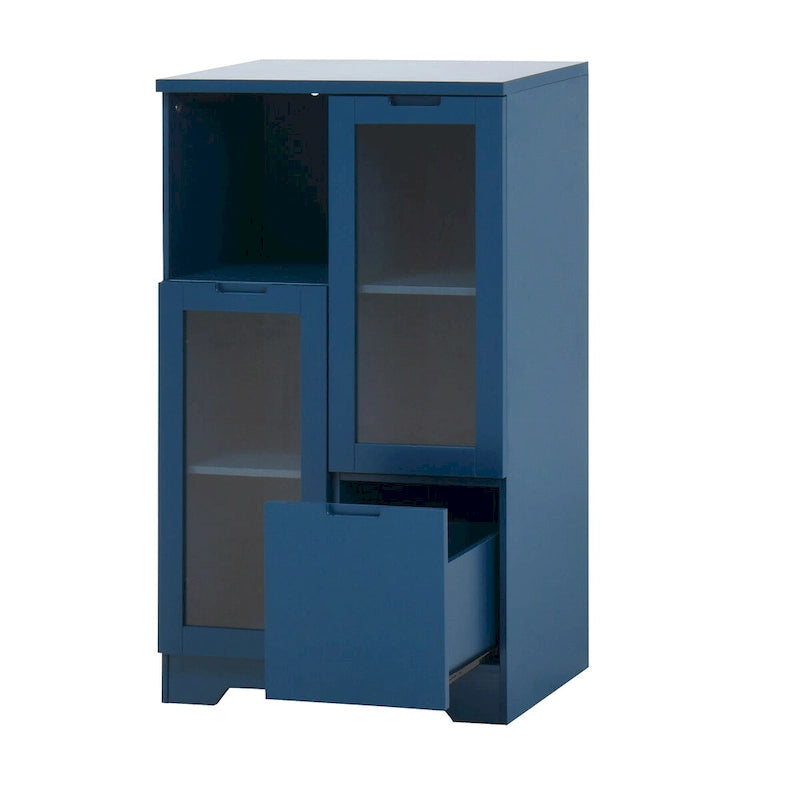 Wooden Floor Cabinet with 2 Glass Doors and 2 Storage Space,Living Room Bathroom Entryway