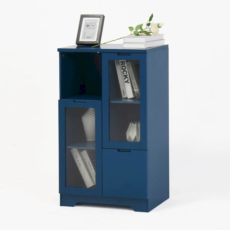 Wooden Floor Cabinet with 2 Glass Doors and 2 Storage Space,Living Room Bathroom Entryway
