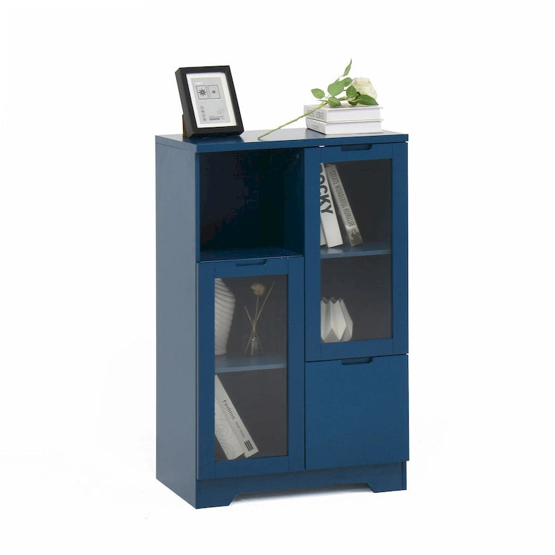 Wooden Floor Cabinet with 2 Glass Doors and 2 Storage Space,Living Room Bathroom Entryway