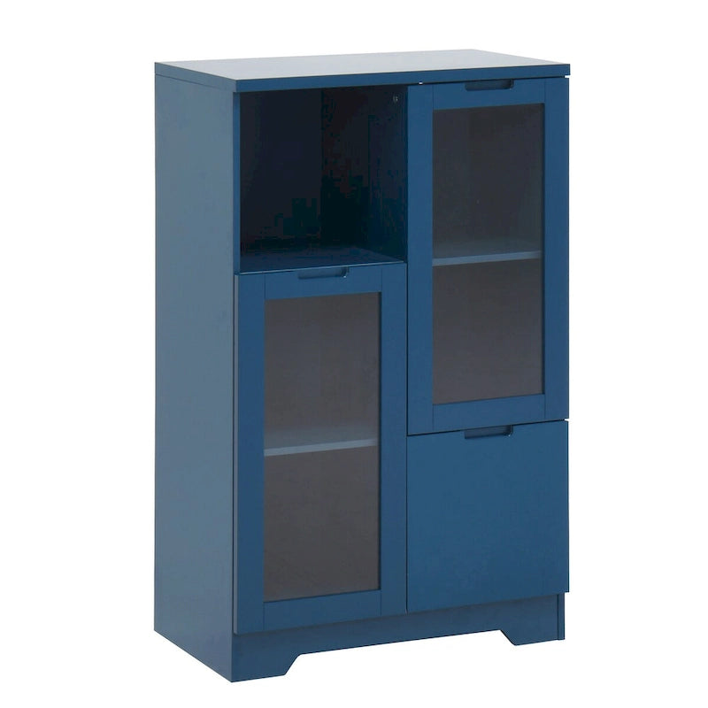 Wooden Floor Cabinet with 2 Glass Doors and 2 Storage Space,Living Room Bathroom Entryway