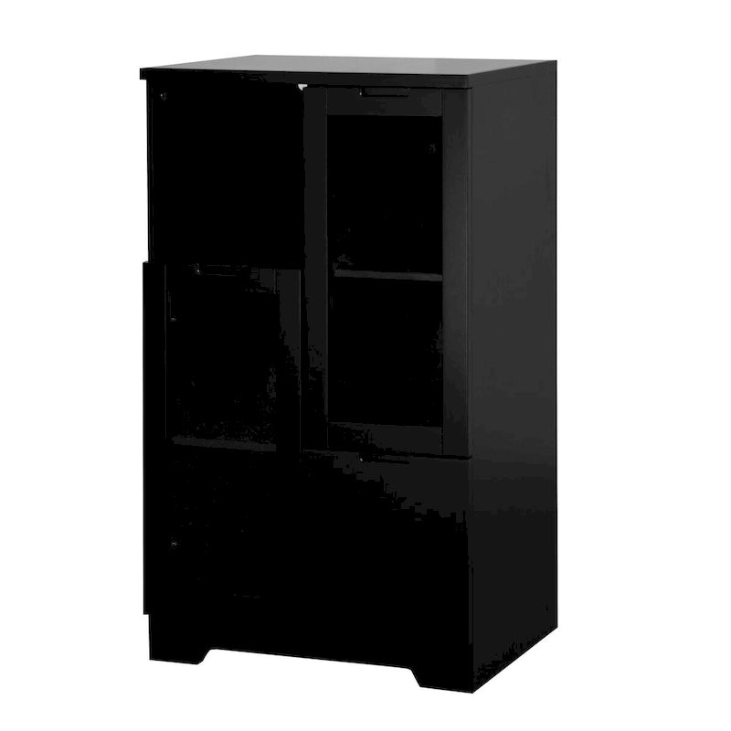Wooden Floor Cabinet with 2 Glass Doors and 2 Storage Space,Living Room Bathroom Entryway