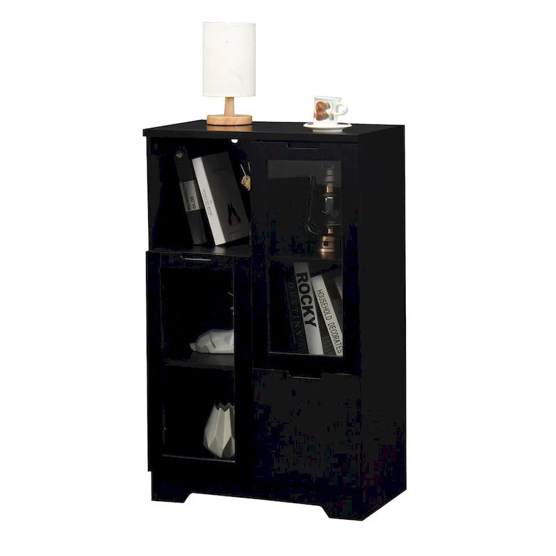 Wooden Floor Cabinet with 2 Glass Doors and 2 Storage Space,Living Room Bathroom Entryway