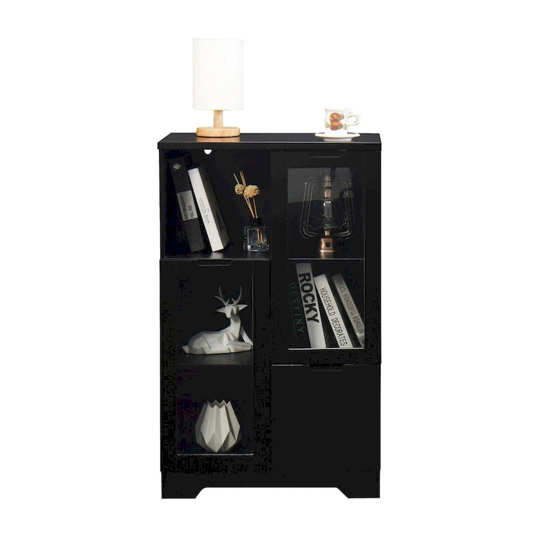 Wooden Floor Cabinet with 2 Glass Doors and 2 Storage Space,Living Room Bathroom Entryway