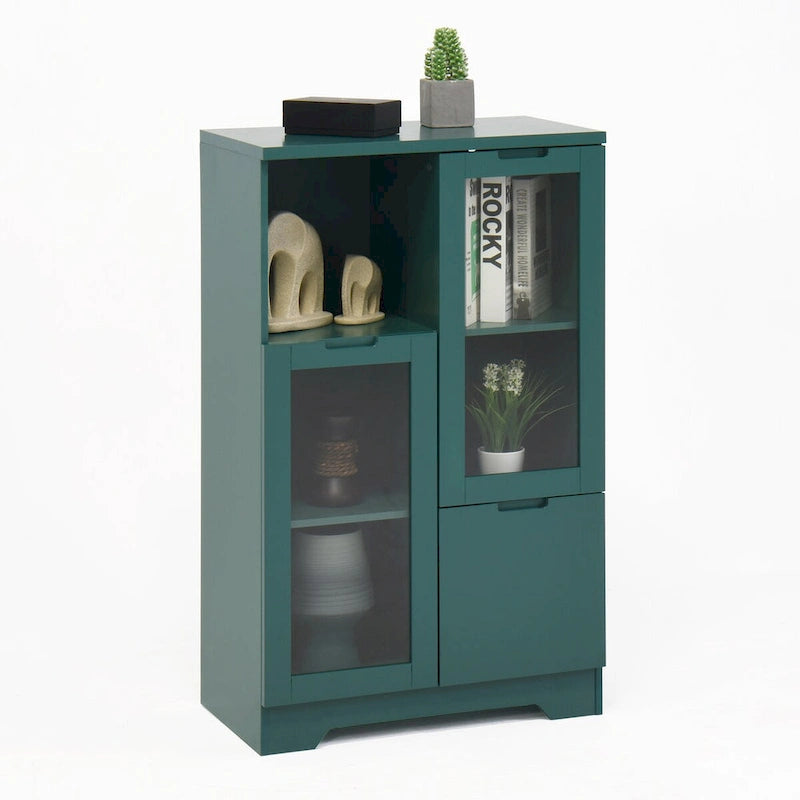Wooden Floor Cabinet with 2 Glass Doors and 2 Storage Space,Living Room Bathroom Entryway