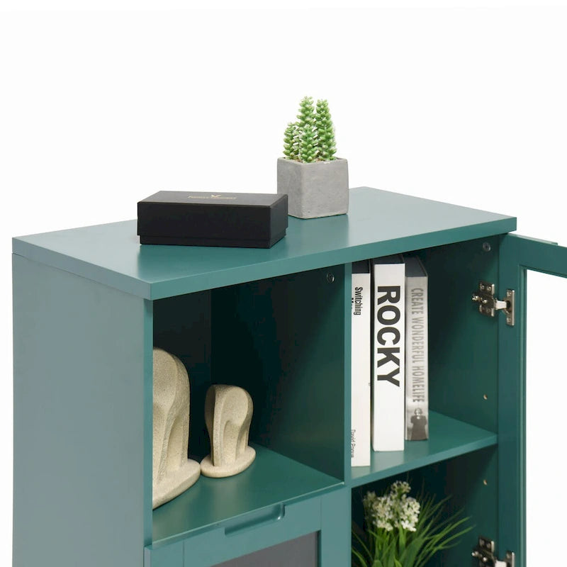 Wooden Floor Cabinet with 2 Glass Doors and 2 Storage Space,Living Room Bathroom Entryway
