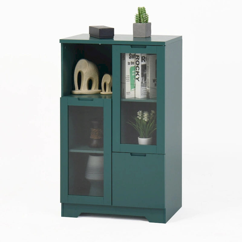 Wooden Floor Cabinet with 2 Glass Doors and 2 Storage Space,Living Room Bathroom Entryway