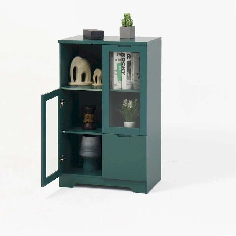 Wooden Floor Cabinet with 2 Glass Doors and 2 Storage Space,Living Room Bathroom Entryway