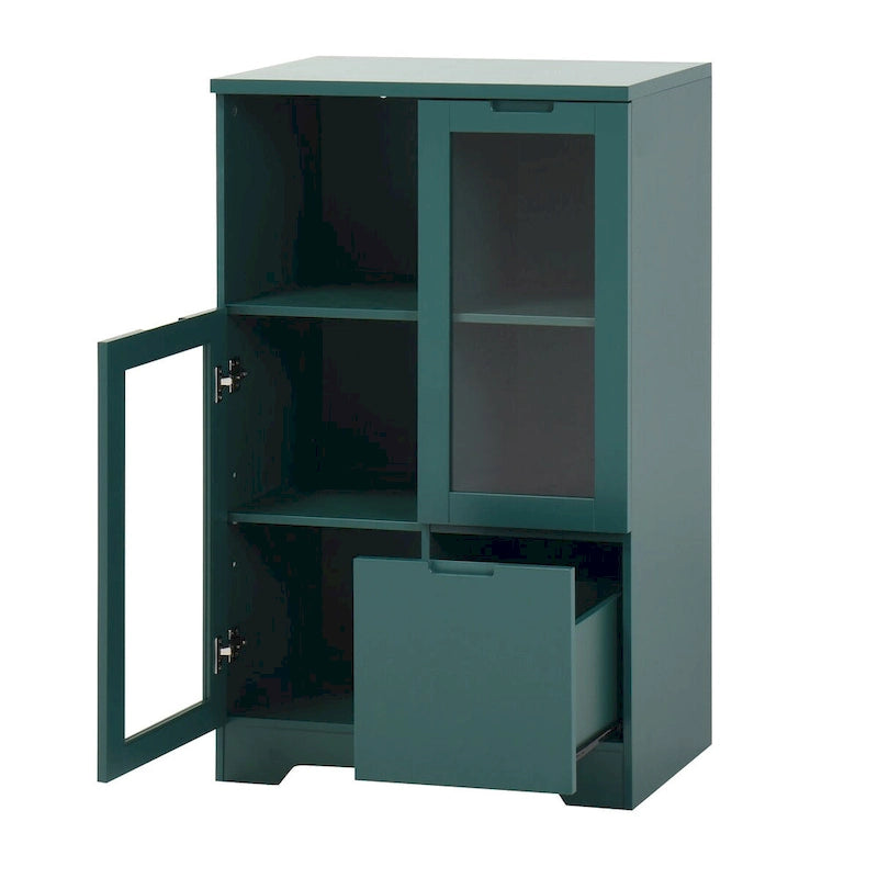 Wooden Floor Cabinet with 2 Glass Doors and 2 Storage Space,Living Room Bathroom Entryway