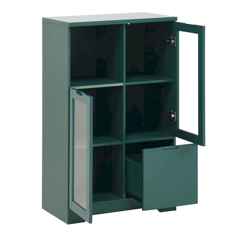 Wooden Floor Cabinet with 2 Glass Doors and 2 Storage Space,Living Room Bathroom Entryway