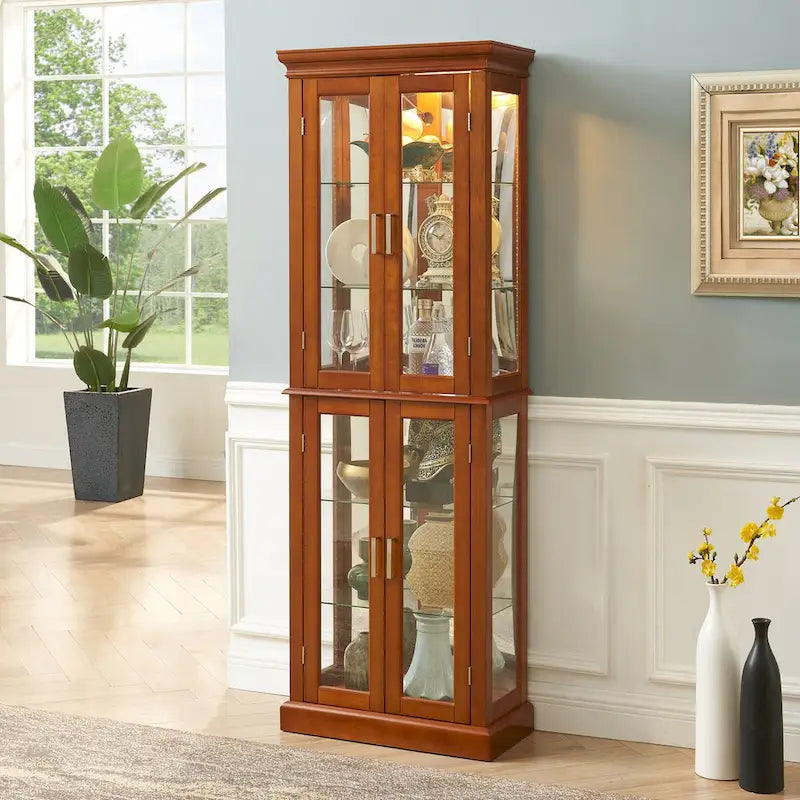 Lighted Curio Diapaly Cabinet,Adjustable Shelves,Mirrored Back Panel,Tempered Glass Doors (6 Tier),(E26 light bulb not included)