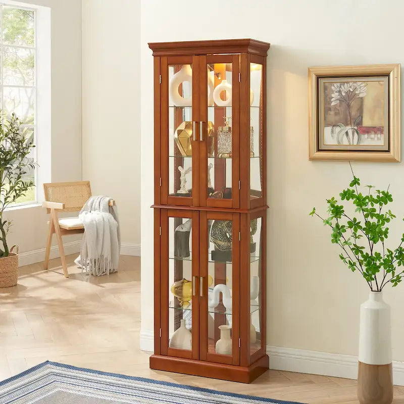 Lighted Curio Diapaly Cabinet,Adjustable Shelves,Mirrored Back Panel,Tempered Glass Doors (6 Tier),(E26 light bulb not included)