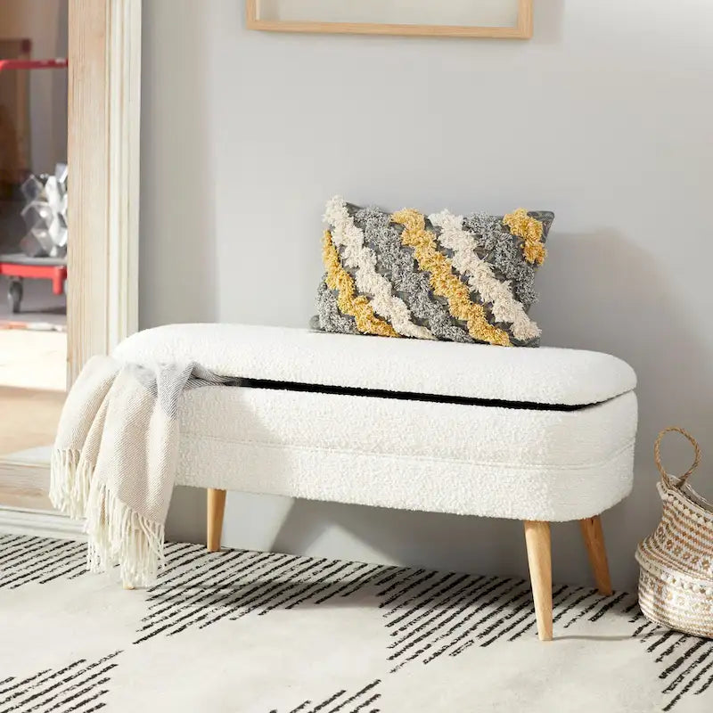Polyester Oval Upholstered Boucle Storage Bench with Tapered Wood Legs - White or Gray - Roche River Decor