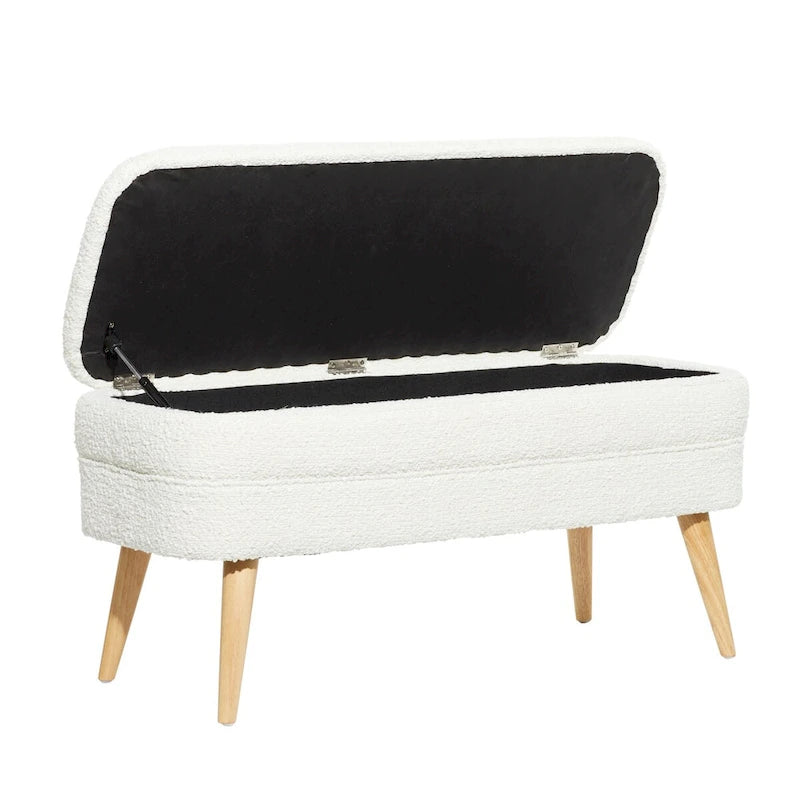 Polyester Oval Upholstered Boucle Storage Bench with Tapered Wood Legs - White or Gray - Roche River Decor
