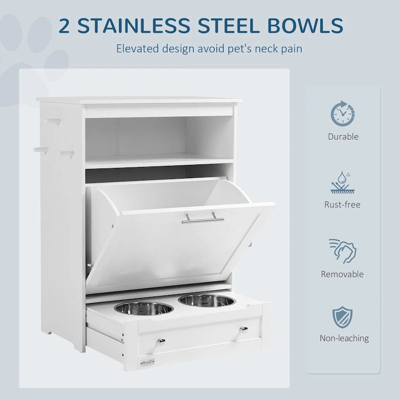 Pet Feeder Station Storage Cabinet, Dog Food Storage Container with Dog Raised Bowls and Hanger for Feeding & Watering Supplies