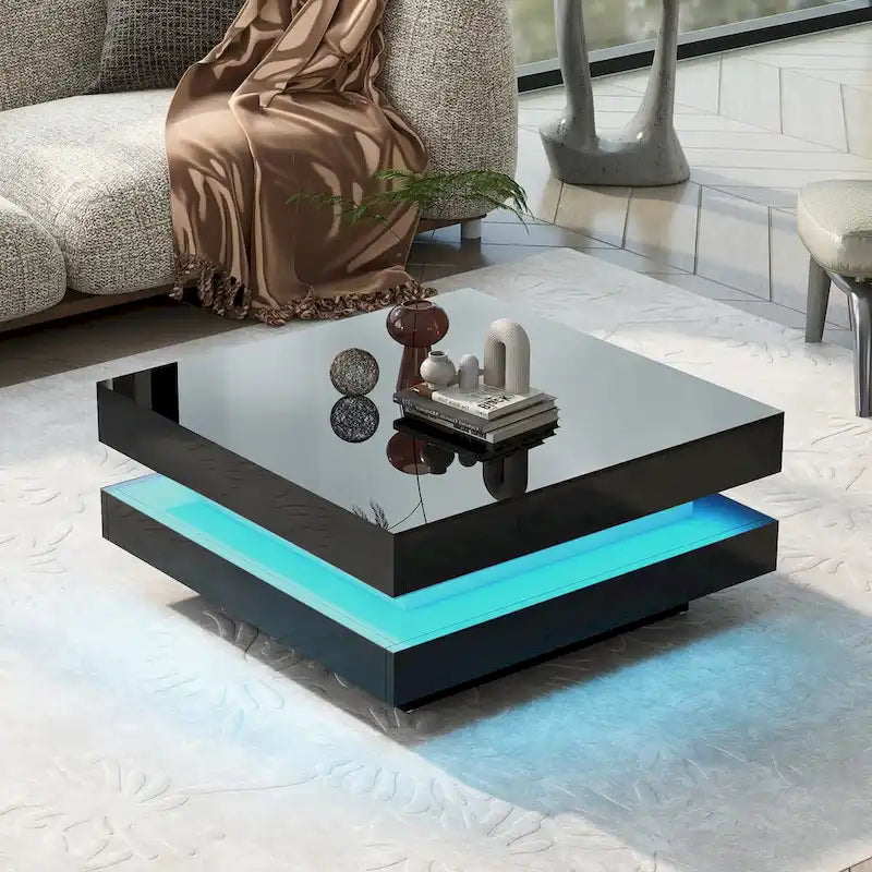 High Gloss Minimalist Design with LED Lights, 2-Tier Square Coffee Table, Center Table for Living Room
