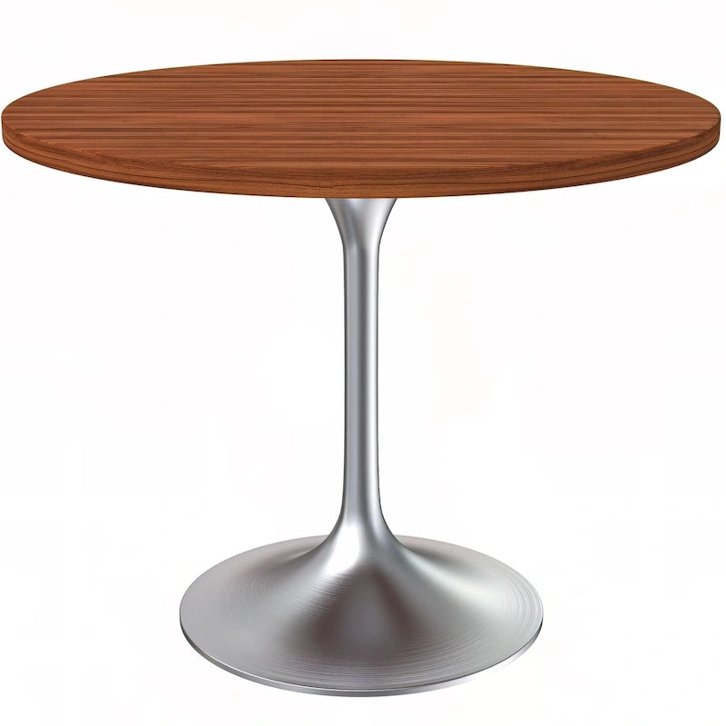 Table à manger ronde avec plateau en bois MDF et base en chrome brossé
