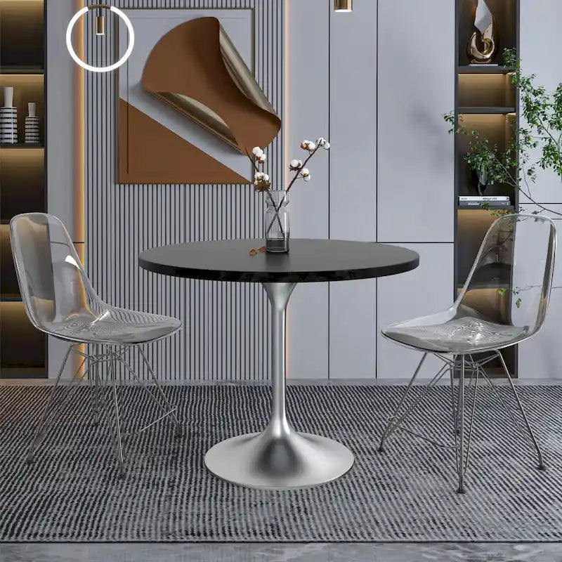Table à manger ronde avec plateau en bois MDF et base en chrome brossé