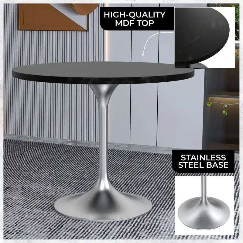 Table à manger ronde avec plateau en bois MDF et base en chrome brossé