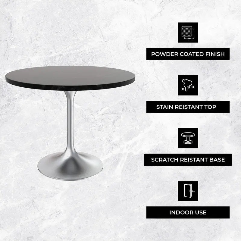 Table à manger ronde avec plateau en bois MDF et base en chrome brossé