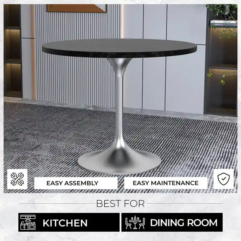 Table à manger ronde avec plateau en bois MDF et base en chrome brossé