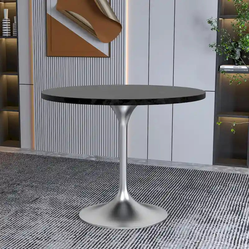 Table à manger ronde avec plateau en bois MDF et base en chrome brossé