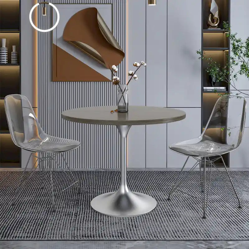Table à manger ronde avec plateau en bois MDF et base en chrome brossé