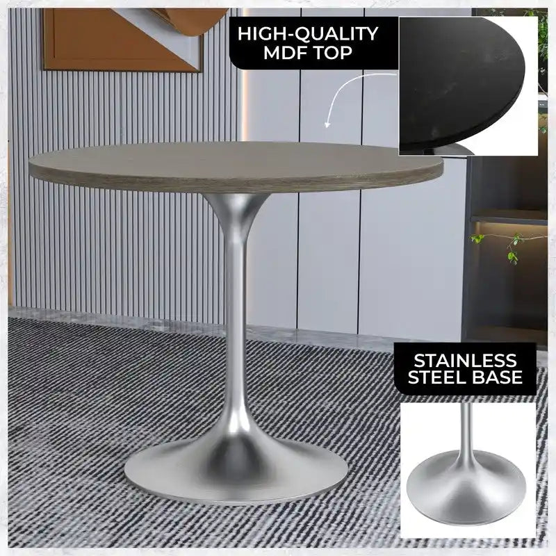 Table à manger ronde avec plateau en bois MDF et base en chrome brossé