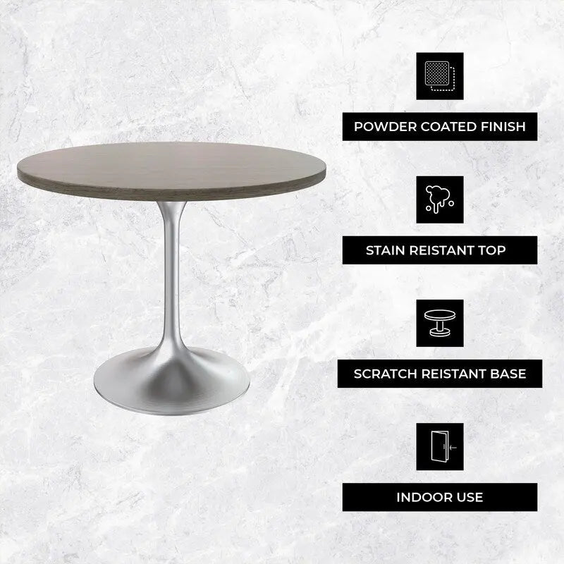 Table à manger ronde avec plateau en bois MDF et base en chrome brossé