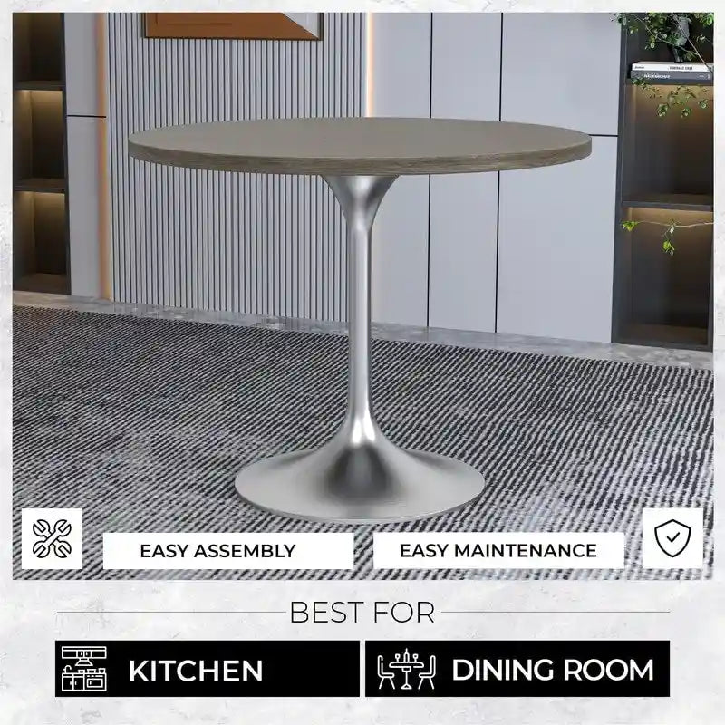Table à manger ronde avec plateau en bois MDF et base en chrome brossé