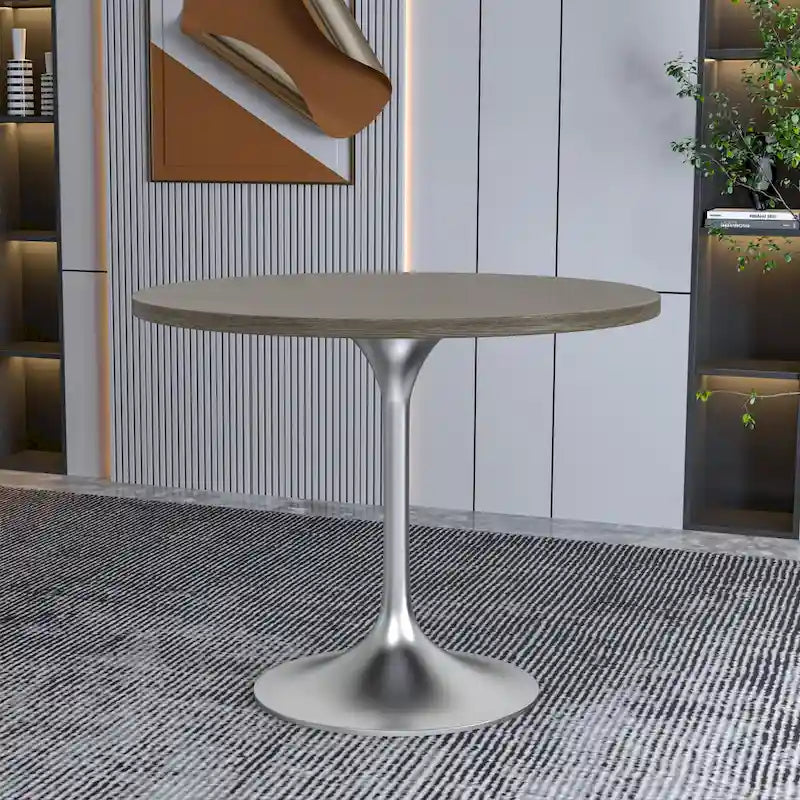 Table à manger ronde avec plateau en bois MDF et base en chrome brossé