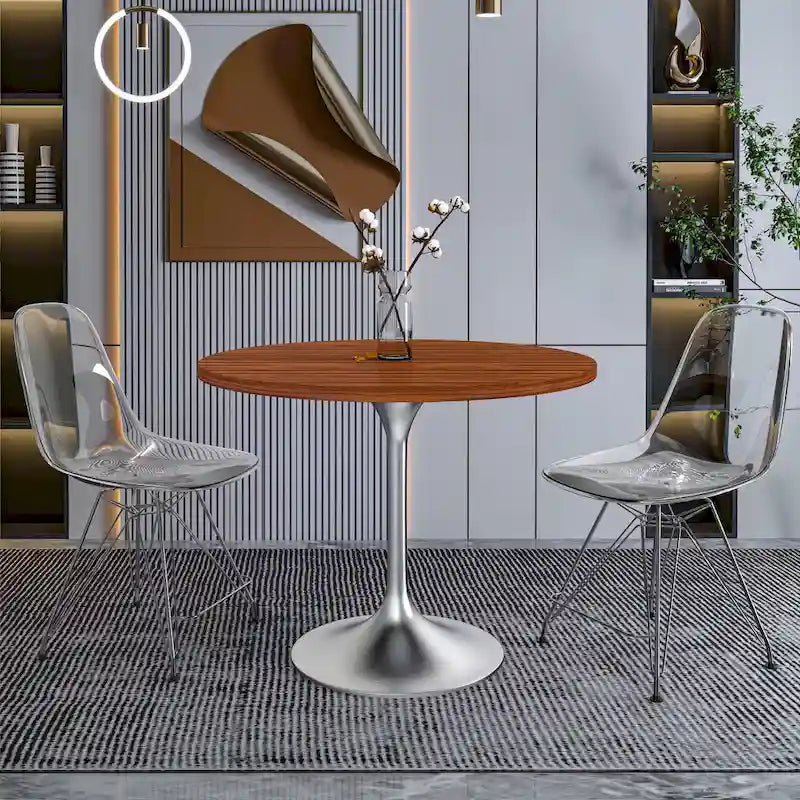 Table à manger ronde avec plateau en bois MDF et base en chrome brossé