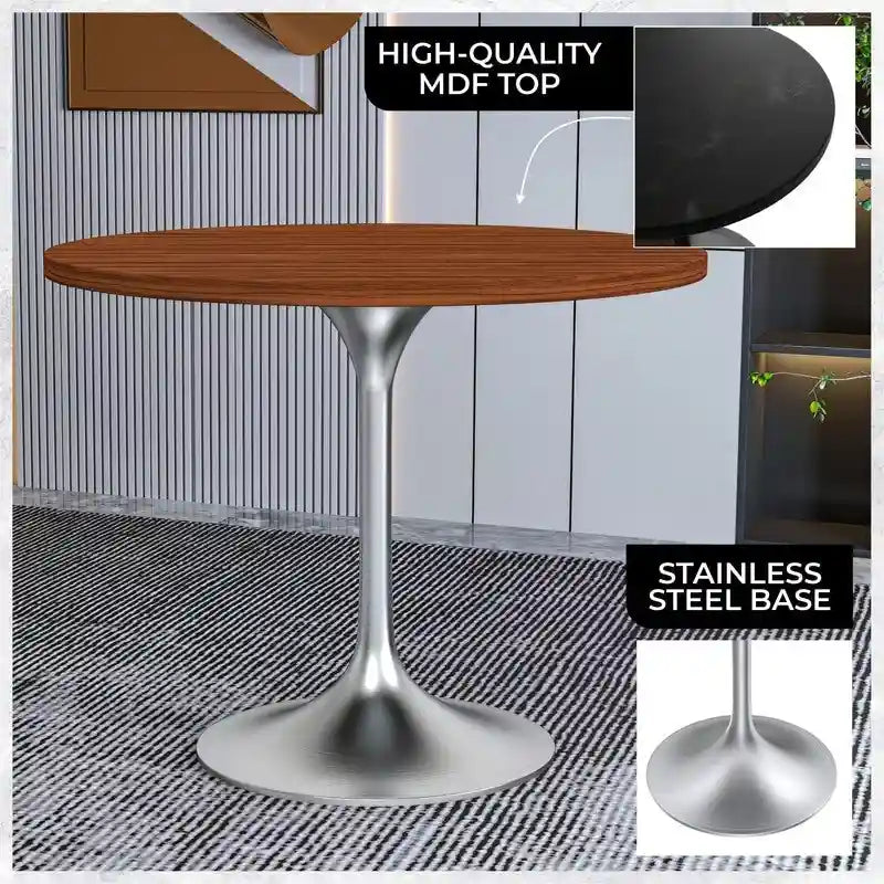 Table à manger ronde avec plateau en bois MDF et base en chrome brossé