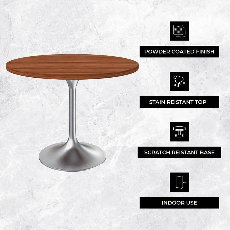 Table à manger ronde avec plateau en bois MDF et base en chrome brossé