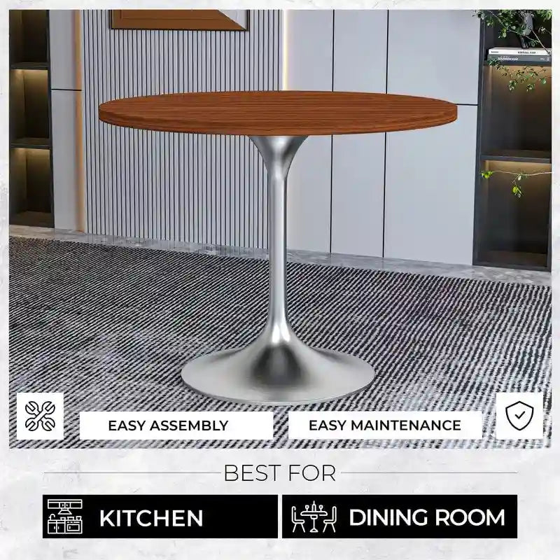 Table à manger ronde avec plateau en bois MDF et base en chrome brossé
