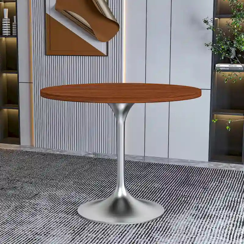 Table à manger ronde avec plateau en bois MDF et base en chrome brossé