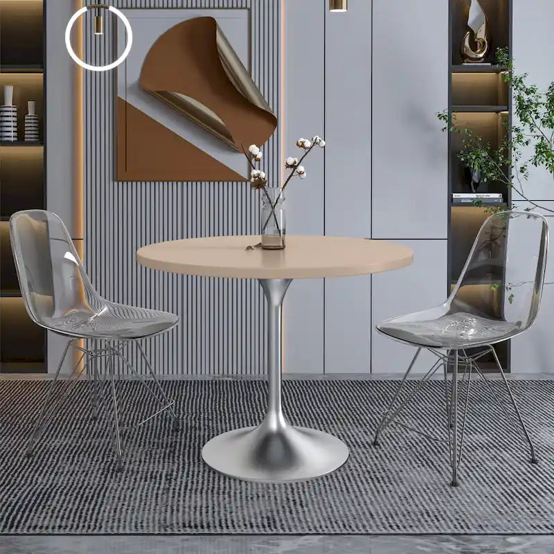 Table à manger ronde avec plateau en bois MDF et base en chrome brossé