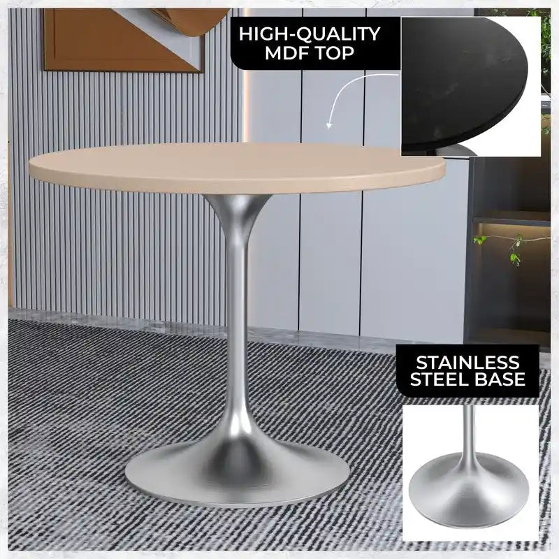 Table à manger ronde avec plateau en bois MDF et base en chrome brossé