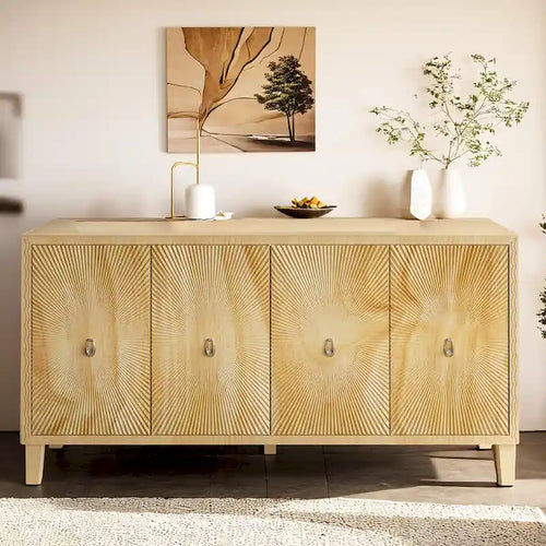 60 Sideboard Storage Cabinet, Large Buffet Cabinet with 4 Doors, Carved Scatter Pattern,Vintage Accent Cabinet for Dining Romm