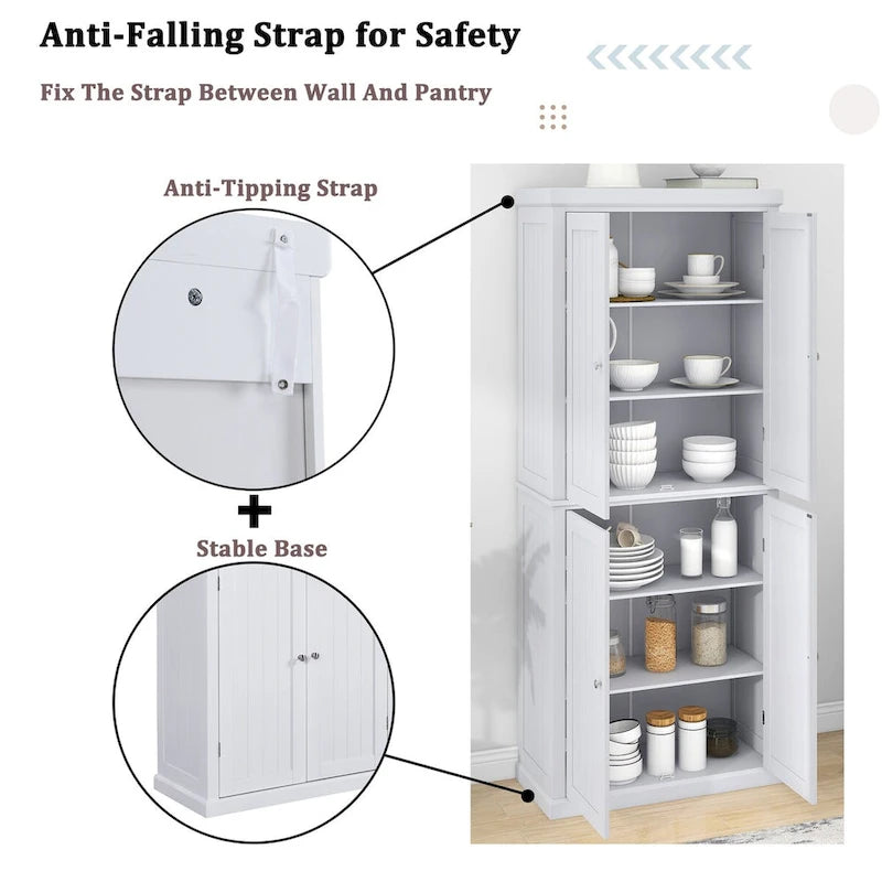 Freestanding Tall Kitchen Pantry,Storage Cabinet Organizer with 4 Doors and Adjustable Shelves