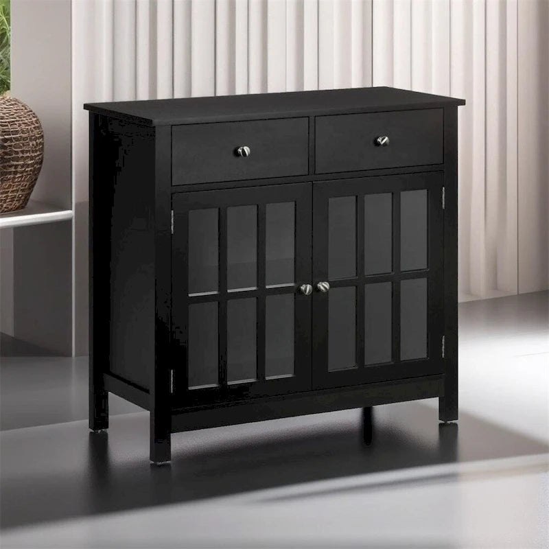 Glass Doors Buffet Cabinet with Adjustable Shelf and 2 Drawers - N/A