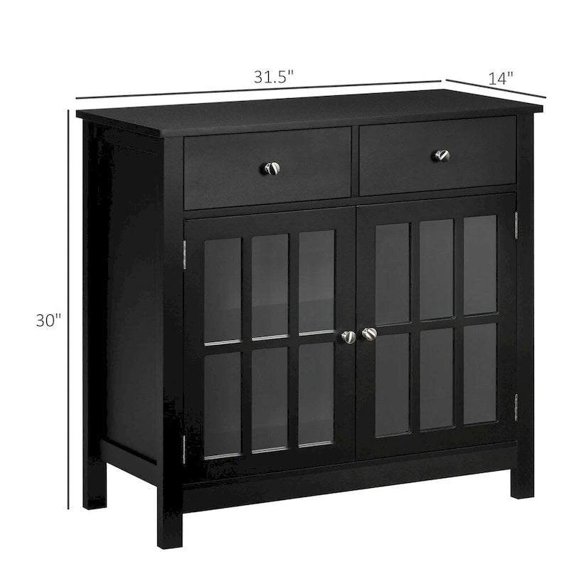 Glass Doors Buffet Cabinet with Adjustable Shelf and 2 Drawers - N/A