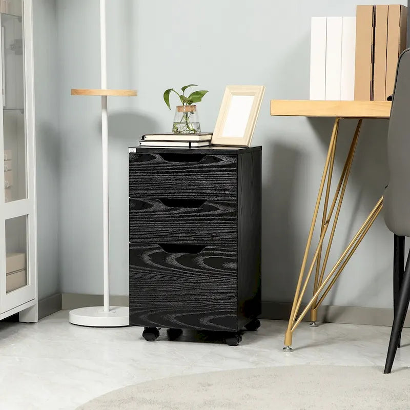 Modern 3-Drawer Office Storage Cabinet with Wheels, Black Wood Grain