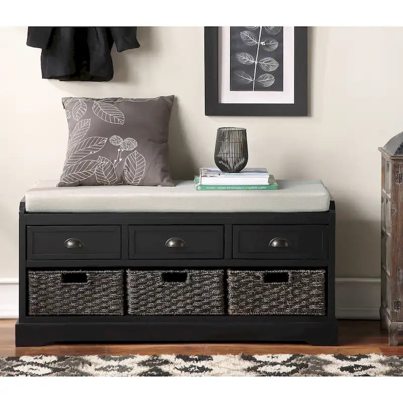Homes Collection Wood Storage Bench with 3 Drawers and 3 Baskets