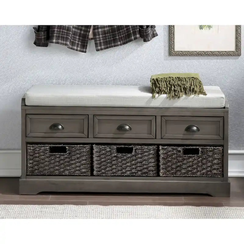 Homes Collection Wood Storage Bench with 3 Drawers and 3 Baskets