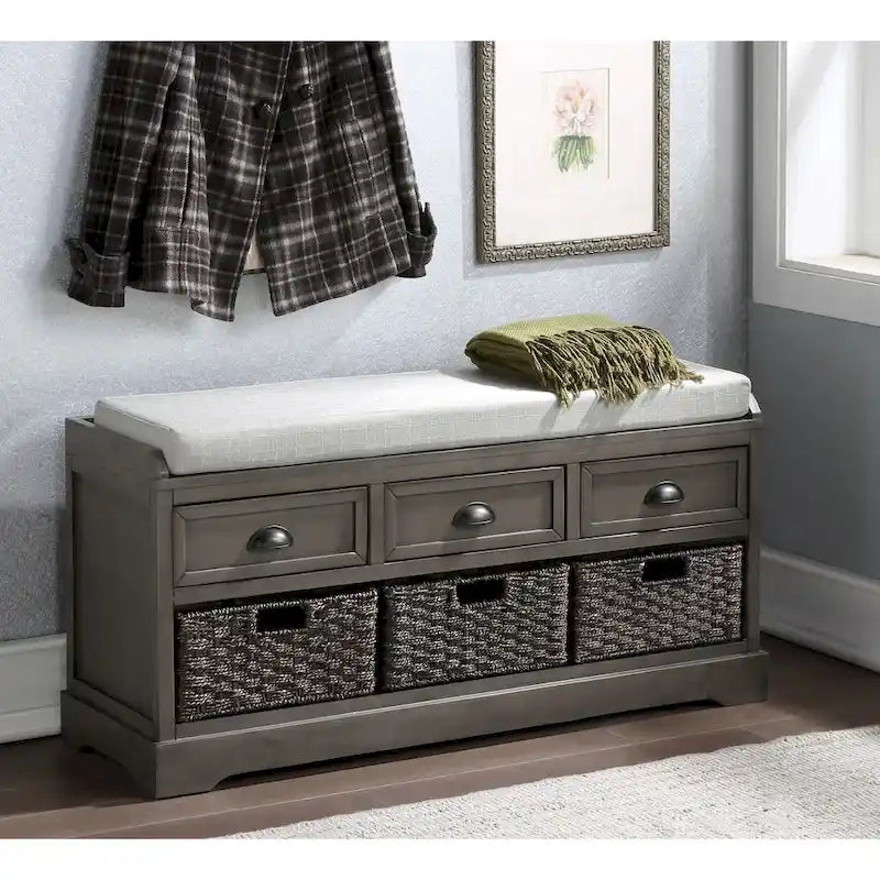 Homes Collection Wood Storage Bench with 3 Drawers and 3 Baskets