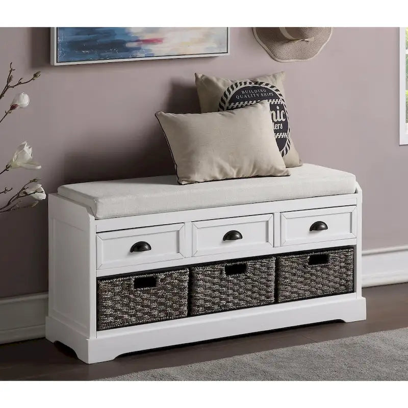 Homes Collection Wood Storage Bench with 3 Drawers and 3 Baskets