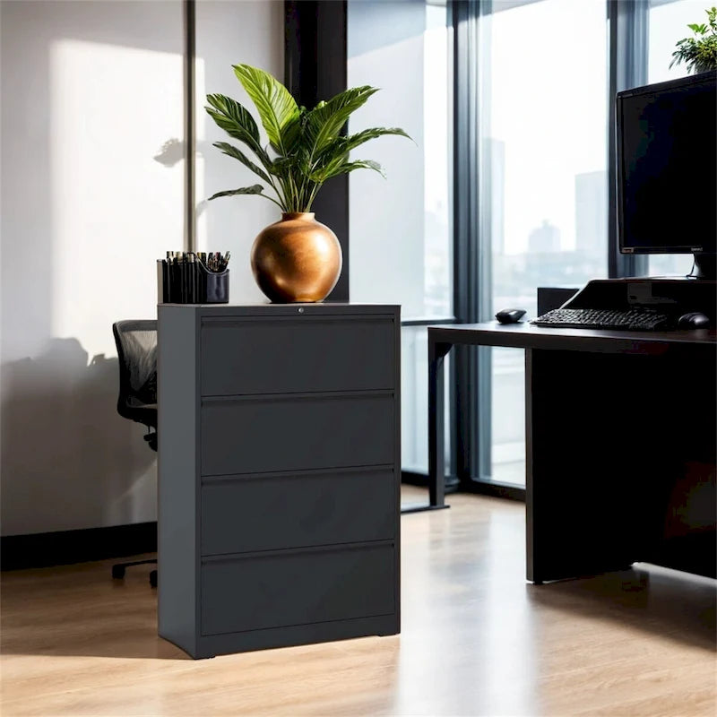 Lateral Black File Cabinet 4 Drawer,with Lock,Lockable File Cabinet