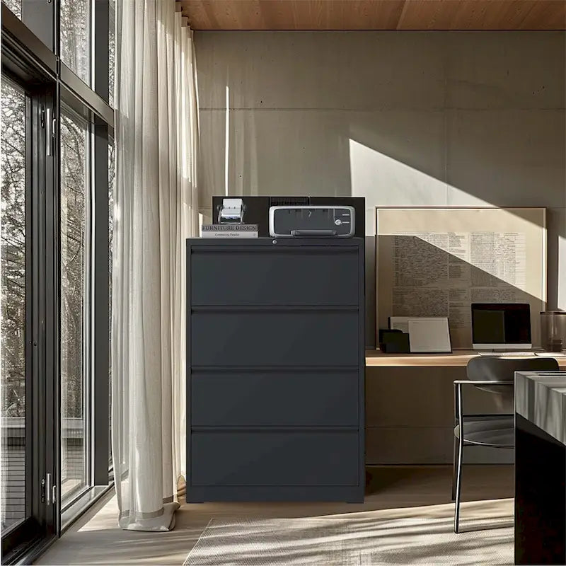 Lateral Black File Cabinet 4 Drawer,with Lock,Lockable File Cabinet