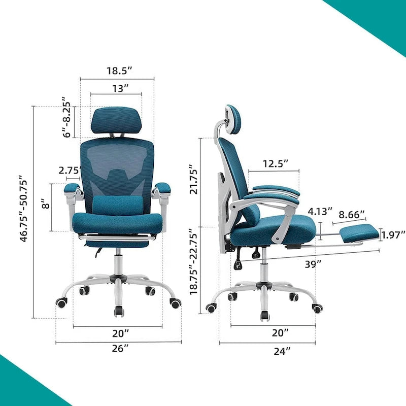 Home Office Desk Chair with Footrest, High-Back Mesh Reclining Chairs with Headrest for Home, Office, Gaming, Student