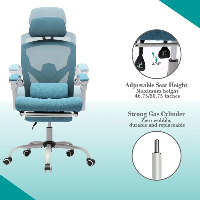 Home Office Desk Chair with Footrest, High-Back Mesh Reclining Chairs with Headrest for Home, Office, Gaming, Student